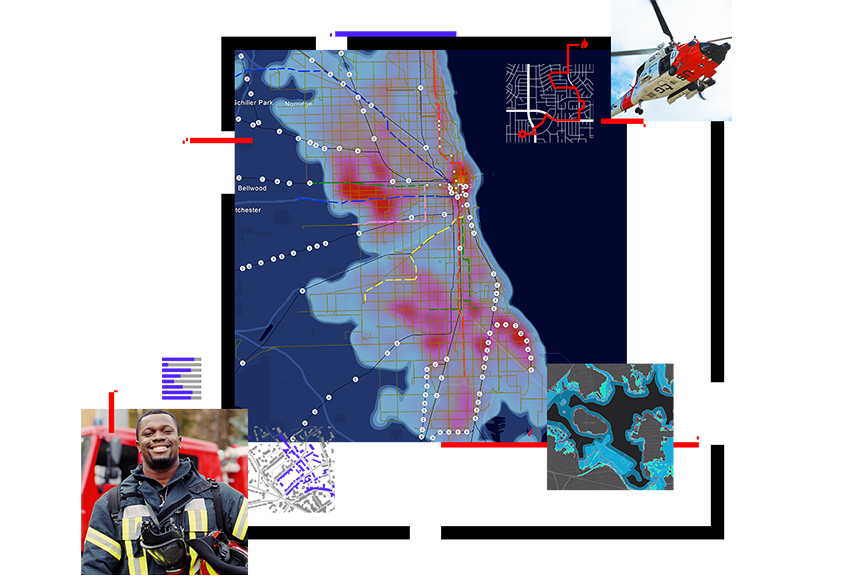 A large public safety map in the center and smaller images around it of a firefighter, an emergency helicopter, and a map