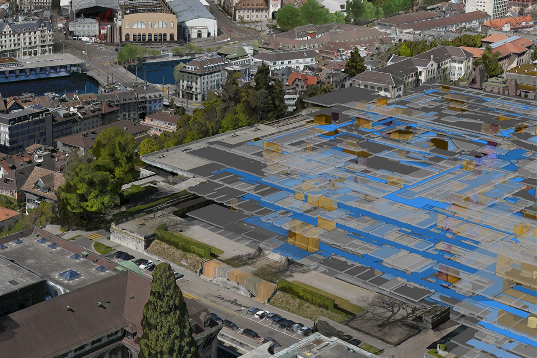 Aerial view of city with blue and gold overlay pattern created by AI