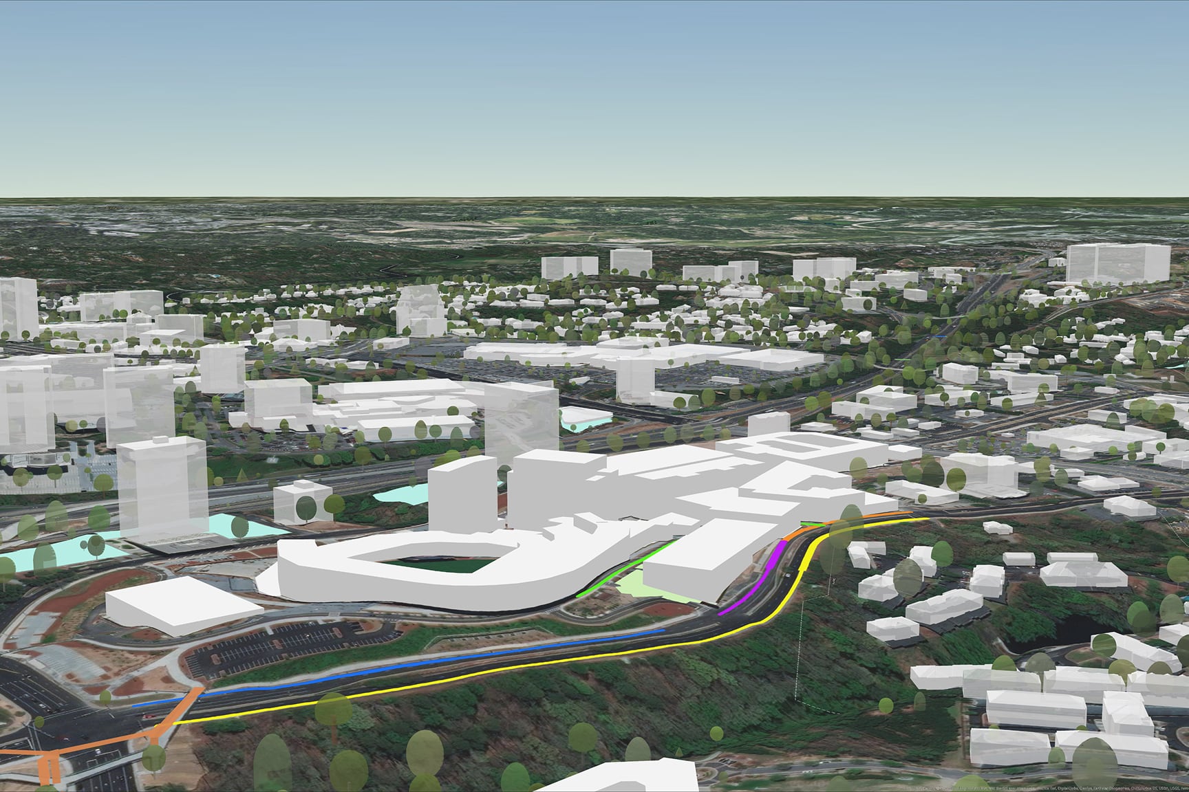 A 3D rendered view of an urban area shows simplified white building models across a sprawling cityscape