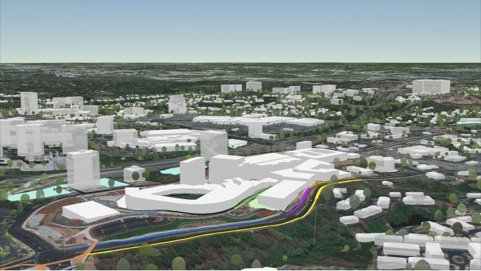 A 3D rendered cityscape shows an urban area with simplified white building blocks and surrounding infrastructure