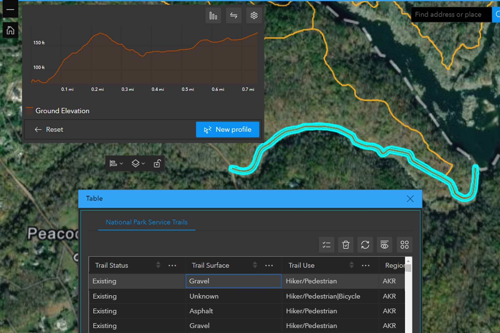 A detailed map showcasing a National Park Service trail with highlighted paths and elevation profile. 