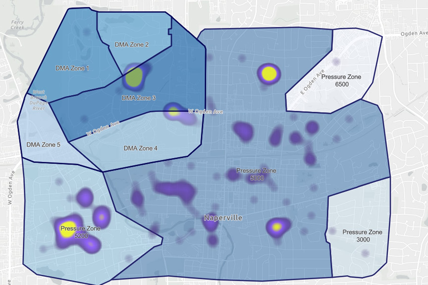 A city map displays multiple delineated zones labeled as DMA Zones and Pressure Zones, with numbers such as 6500, 3500, and 3000 clearly visible.