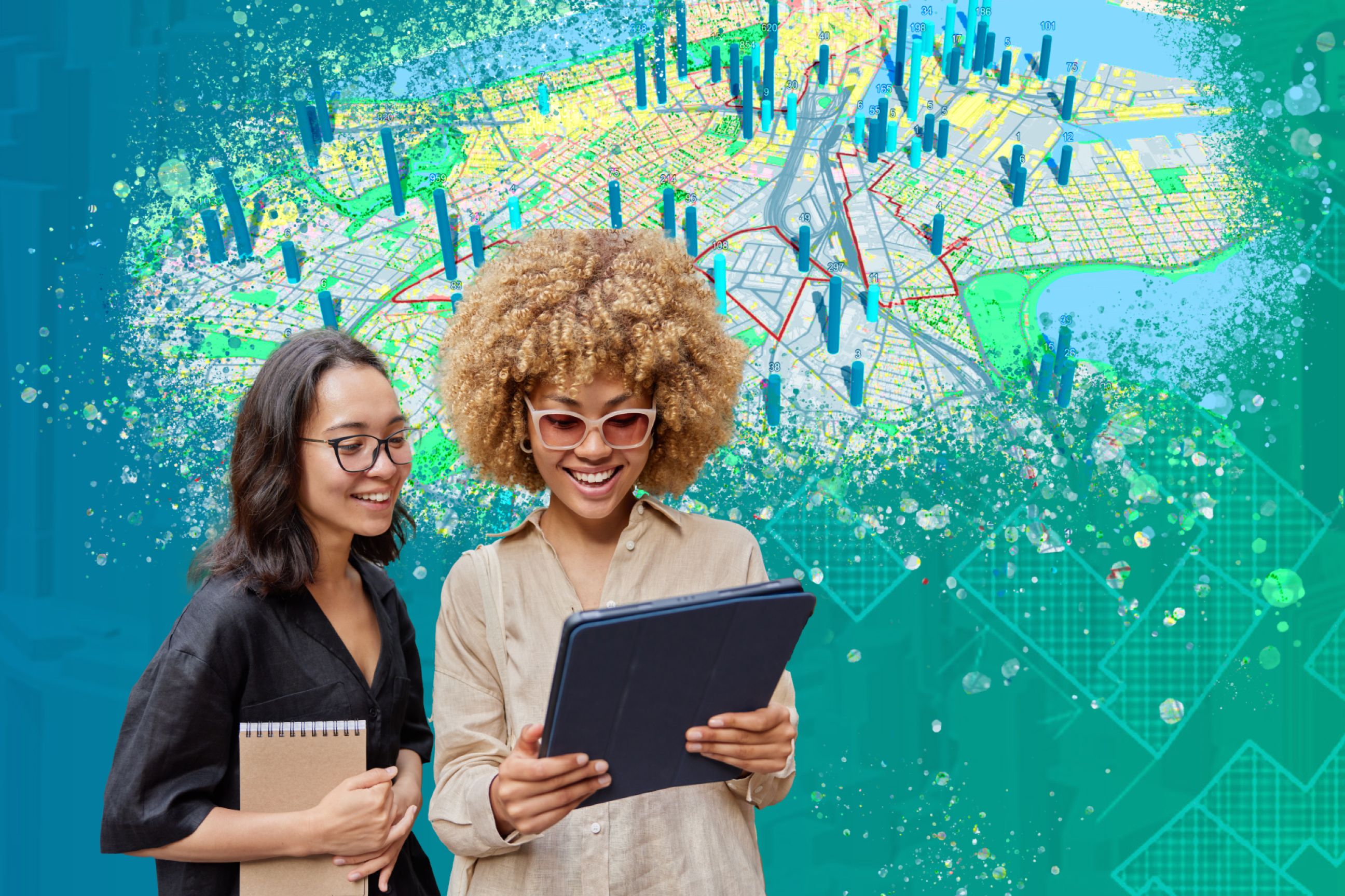 Two young female colleagues smiling and viewing a tablet with a teal background behind them and a visual of ArcGIS Urban’s 3D metric graphs.