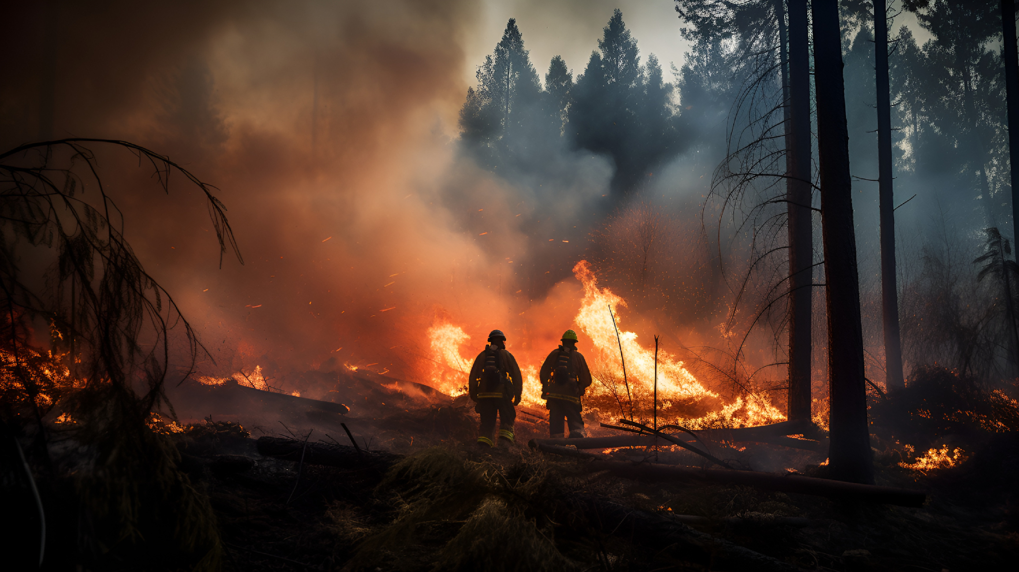 Wildland firefighters standing in front of a fire, silhouetted by the flames