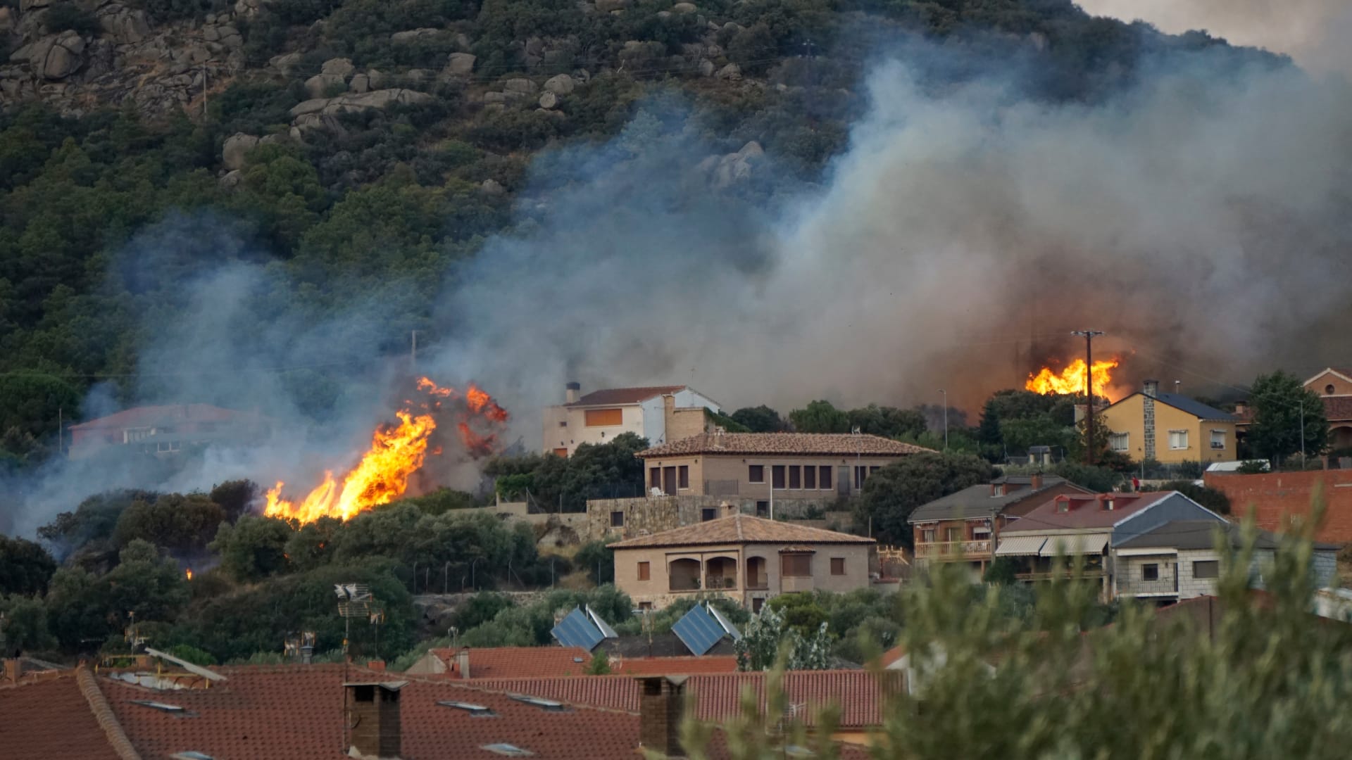 Wildland fire burning near homes.