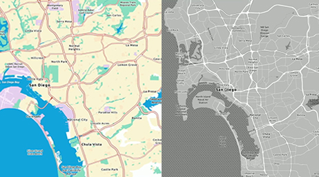 Two side-by-side maps of the same country, one in gray and white and the other in pink and blue
