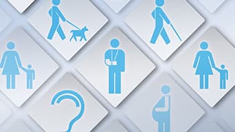 A silver, diamond-shaped patterned graphic filled with blue icons depicting people with varying accessibility needs, such as someone with a broken arm and a person with a cane