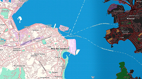 Carte d’une zone maritime entourée étroitement de deux pays en rose, en noir et en bleu