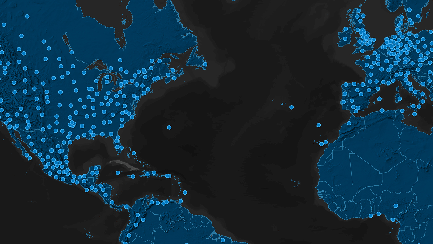 Map of Northern Hemisphere with dots  across North America, Europe, and Africa