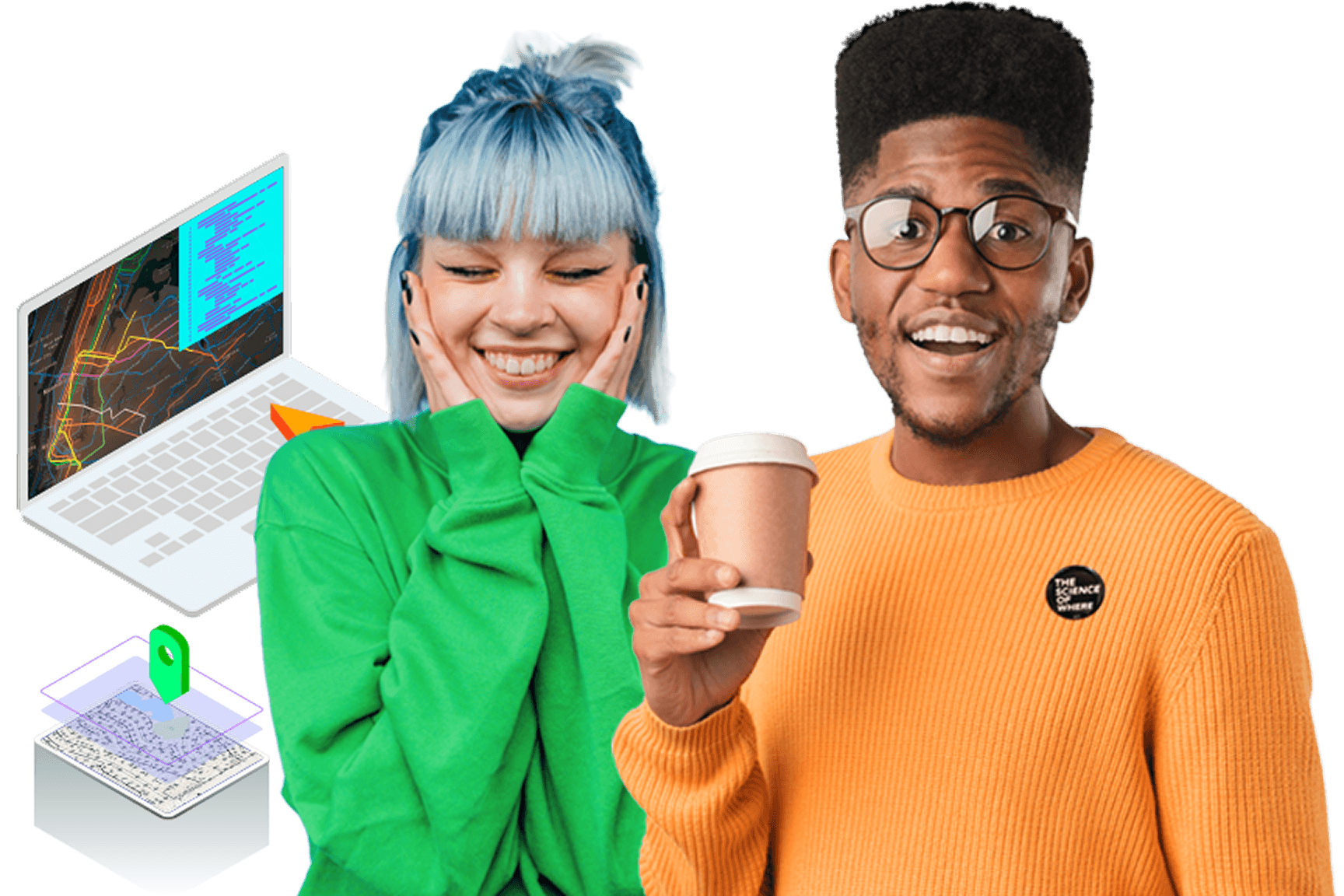 Two young adults stand together, one holding a takeaway coffee cup and the other wearing a bright green sweater.