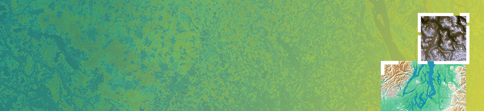 Green and blue terrain map background featuring inset elevation and topographic imagery panels highlighting landscape features.
