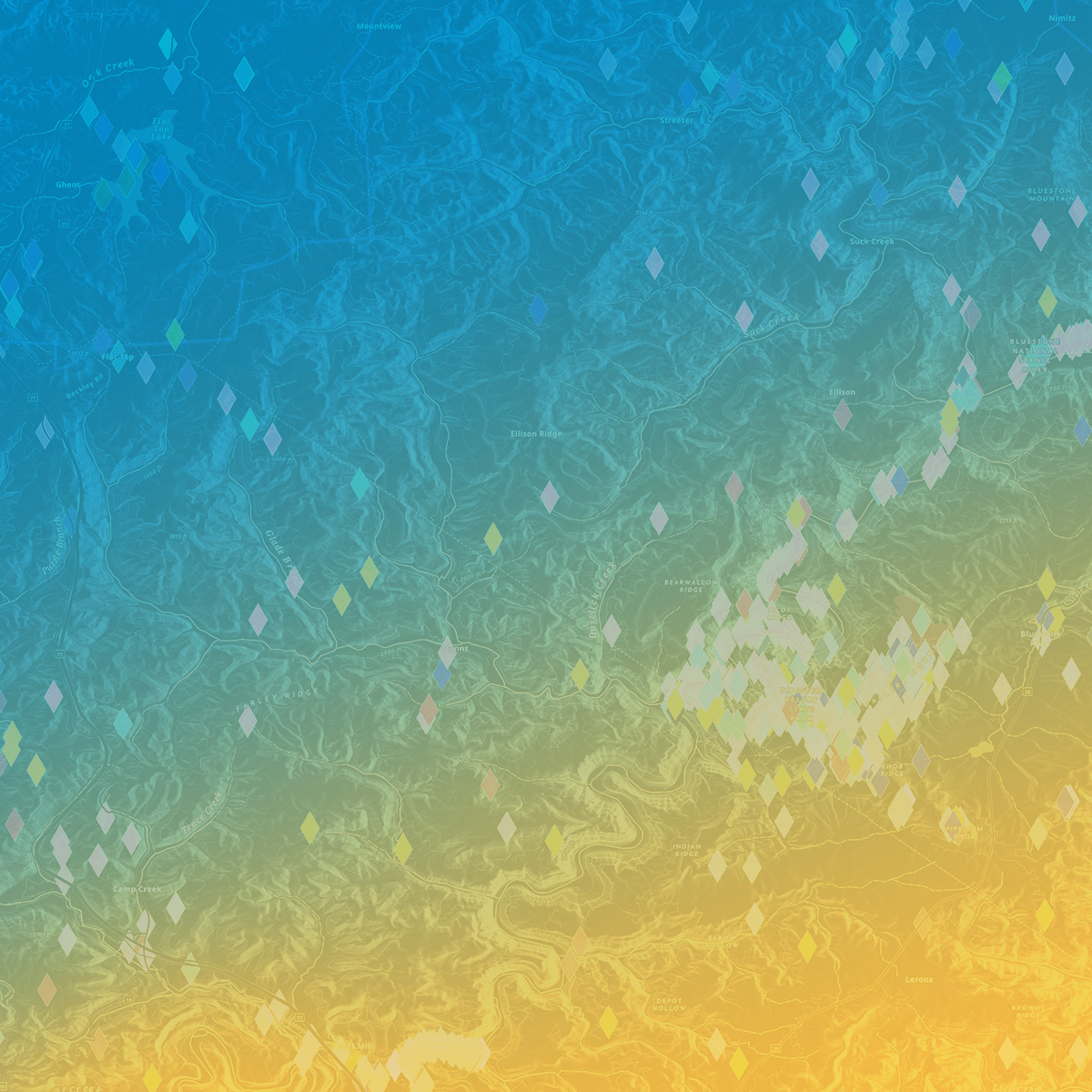 opographic map with colored diamond data points over terrain imagery.