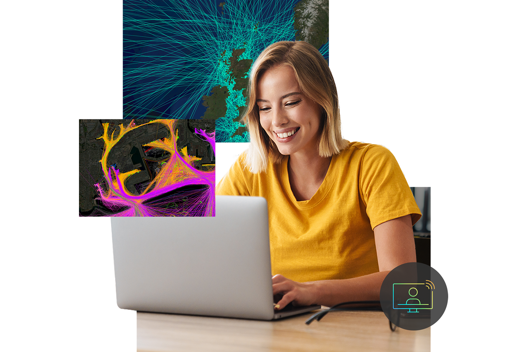 A person smiling and using a laptop overlaid with multiple colorful maps and an icon depicting a desktop computer connected to a Wi-Fi network