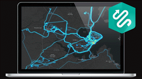 Laptop displaying a map with routes highlighted in blue