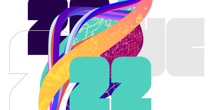White background with the date 2022 in a stacked design: black 20 on the top, multicolored swirls in the middle, and 22 below in teal