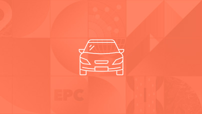 A simple line icon of the side view of a car in white lines on a orange background