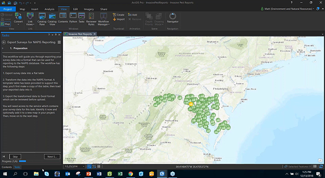 A screenshot of ArcGIS Pro displaying a light map with green icons marking it