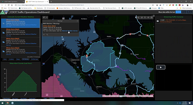 An ArcGIS web browser application interface displaying data on the left and right and a dark map highlighted in blue and red in the middle