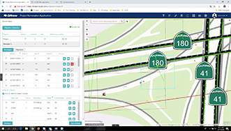 An application interface displaying a data points to the left and a map with California highway icons on the right