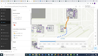 An ArcGIS web browser application interface displaying navigation and a legend on the left and a light map marked in purple, blue, and orange