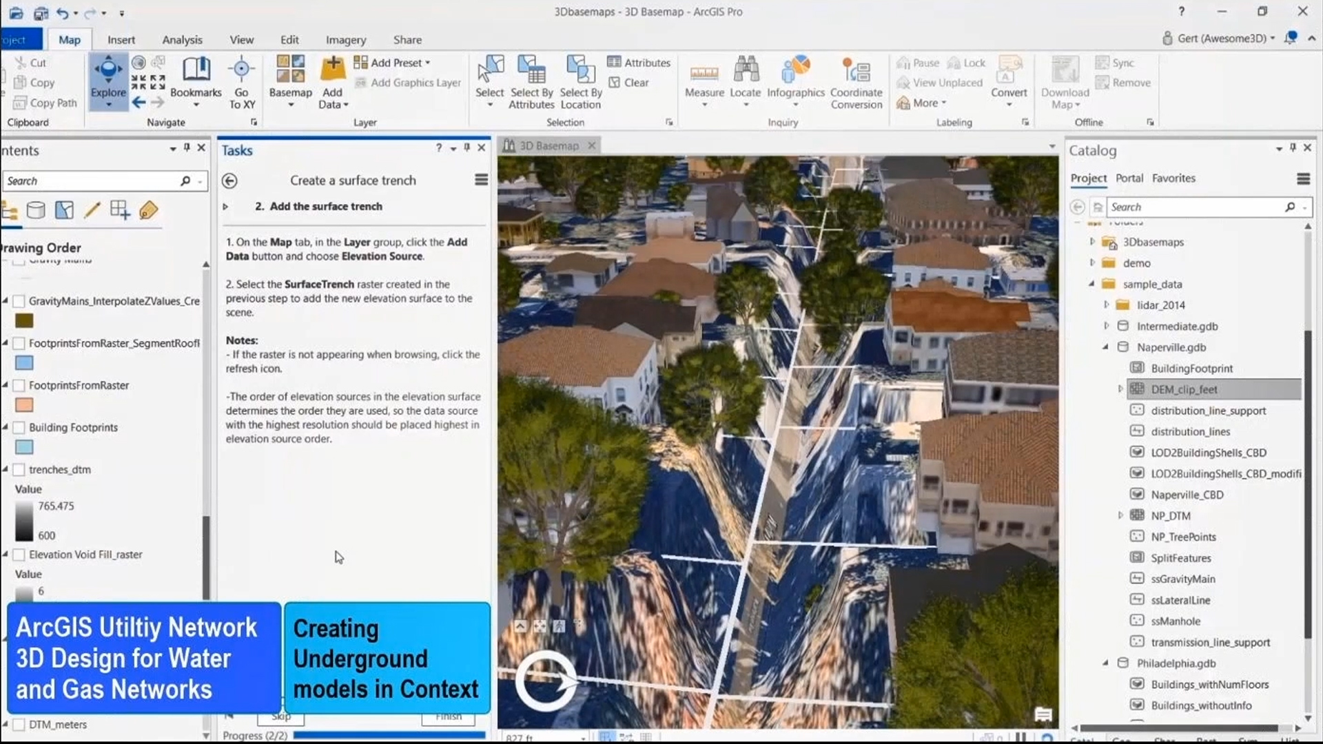 A screenshot of a 3D basemap in ArcGIS Pro being used to create a surface trench