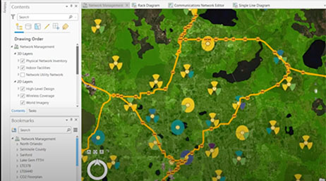 An ArcGIS dashboard with editing tools on the left and a green and black map on the right, with yellow routes and radioactive hazard icons placed all over the map