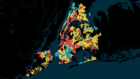 地域が赤、黄色、青でハイライト表示されている暗い色のデジタル マップ