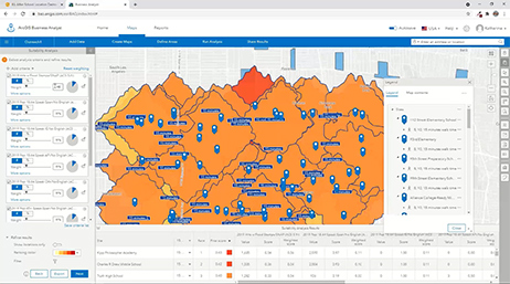A screenshot of an ArcGIS Business Analyst dashboard showing charts on the left and bottom and a map with icons in the center