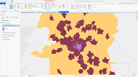 A screenshot of an ArcGIS Pro dashboard displaying a map marked in yellow and magenta in the center with navigation on the left