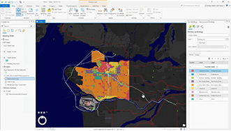 An ArcGIS Pro application interface showing content layers on the left, a map in the middle, and symbology information on the rightrea