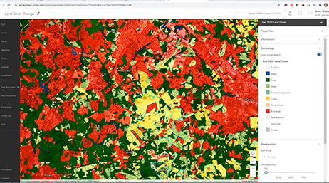 A screenshot of an Esri Map Viewer dashboard titled "Land Cover Change," with navigation and layers on the left and right and a map in yellow, red, and green in the middle