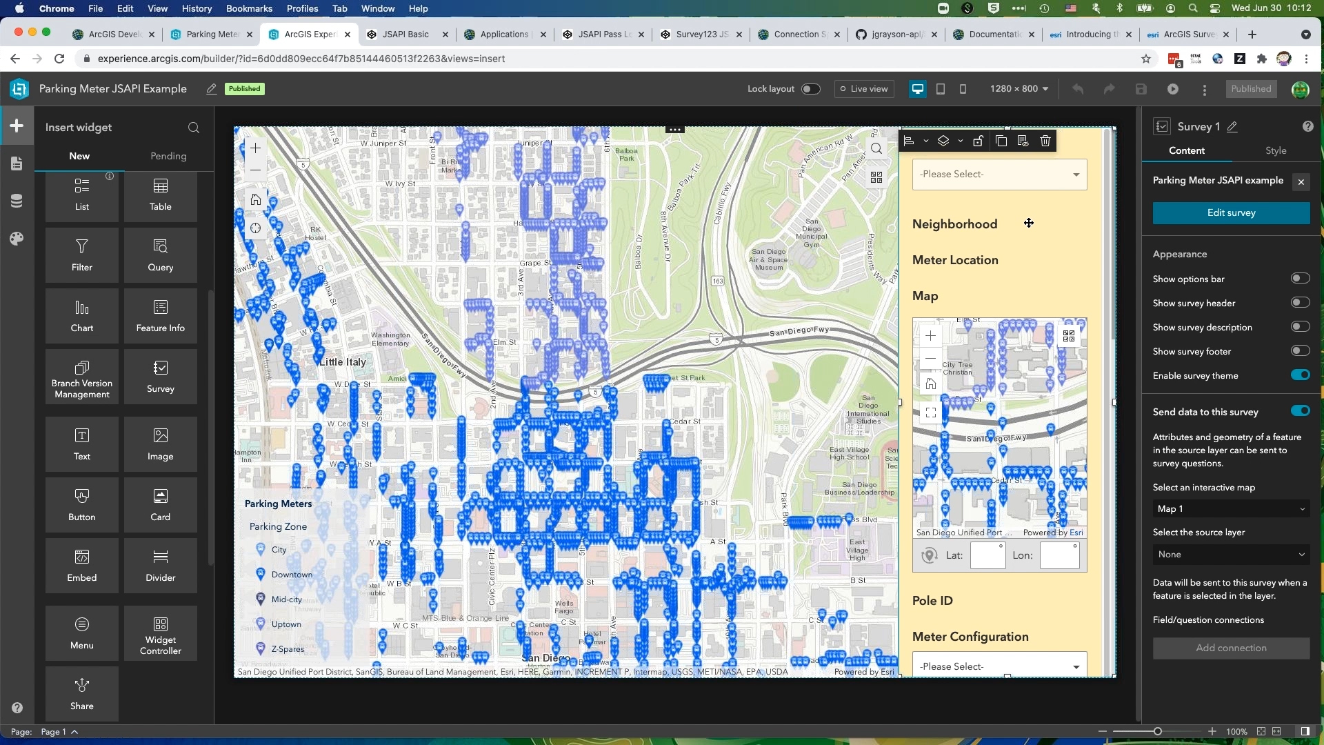 A screenshot of an ArcGIS Experience Builder dashboard displaying a navigation bar on the left, a light map with multiple blue and light purple icons overlaying it in the center, and a configuration bar on the right