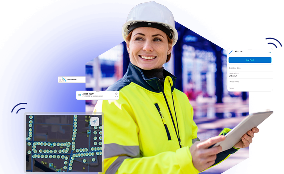 Woman wearing a hardhat and brightly colored jacket is holding a tablet device that is overlaid with a map and data points.