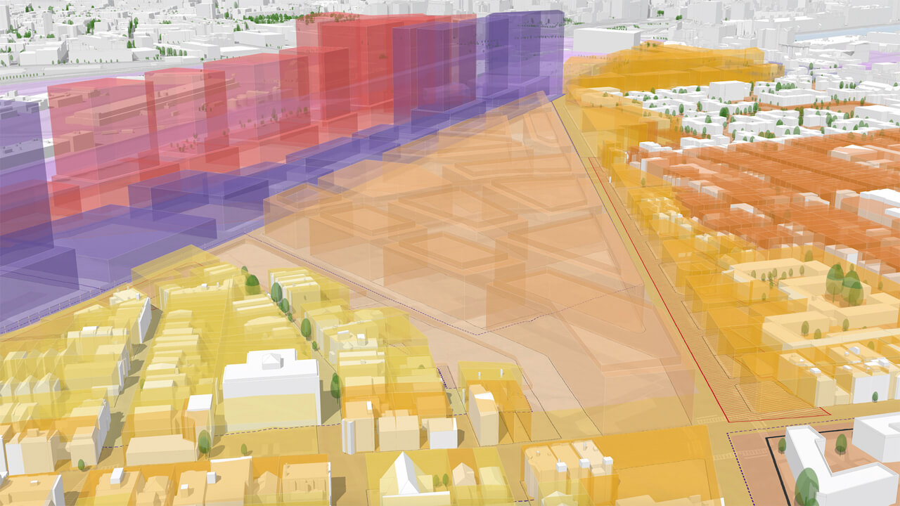 3D transparent envelopes displaying height and other parameters relative to undeveloped and developed parcels..