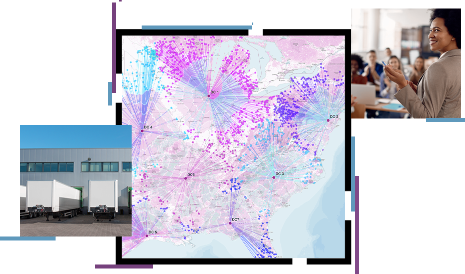 Purple supply chain visualization background with map images in the foreground, distribution trucks, and educator image.