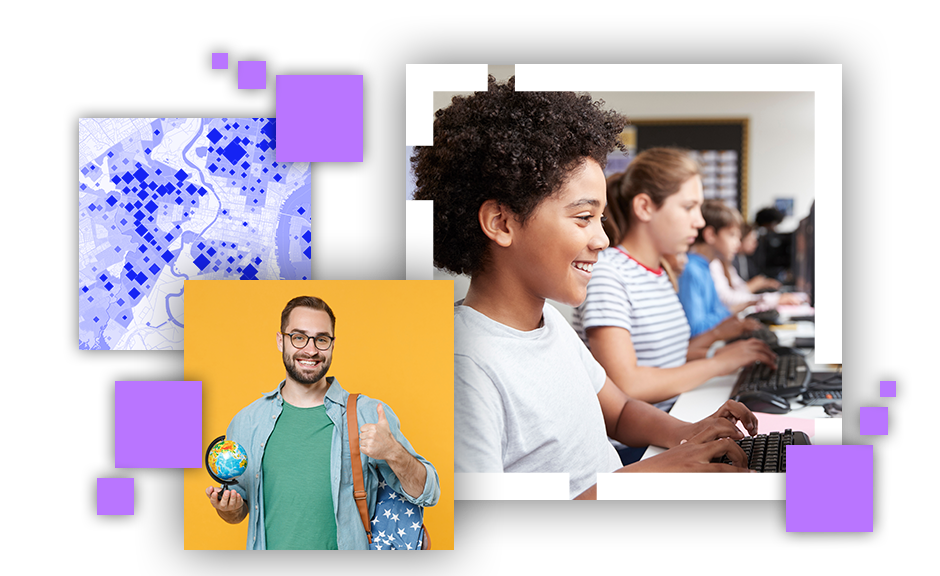 Blue terrain map background with map image in the foreground, educator image, and students using computer in class image.