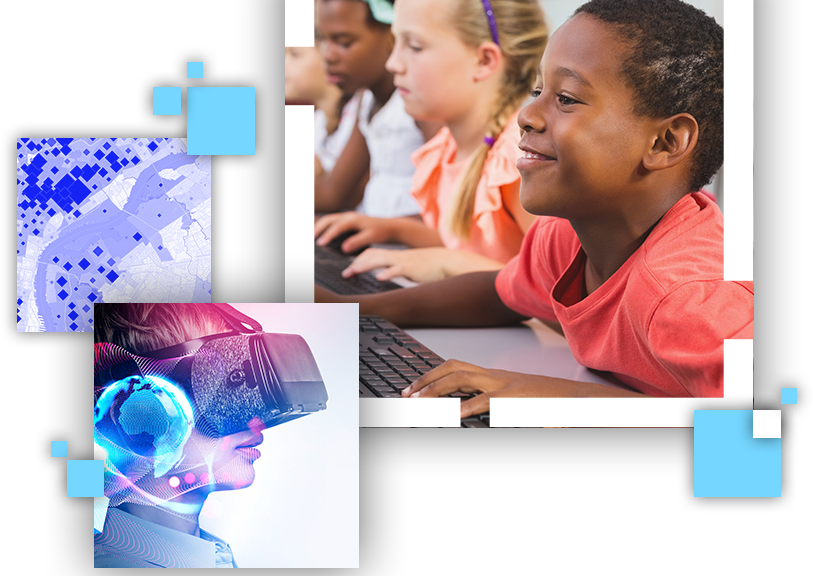 Blue terrain map background with map image in the foreground, VR image, and students in class image.