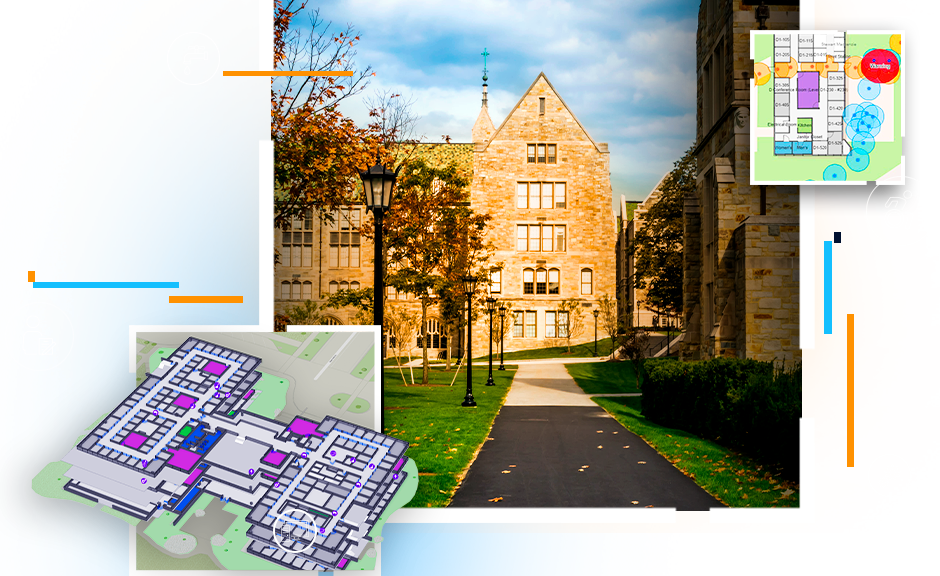 Blue banner with a university campus image and indoor map images in the foreground.