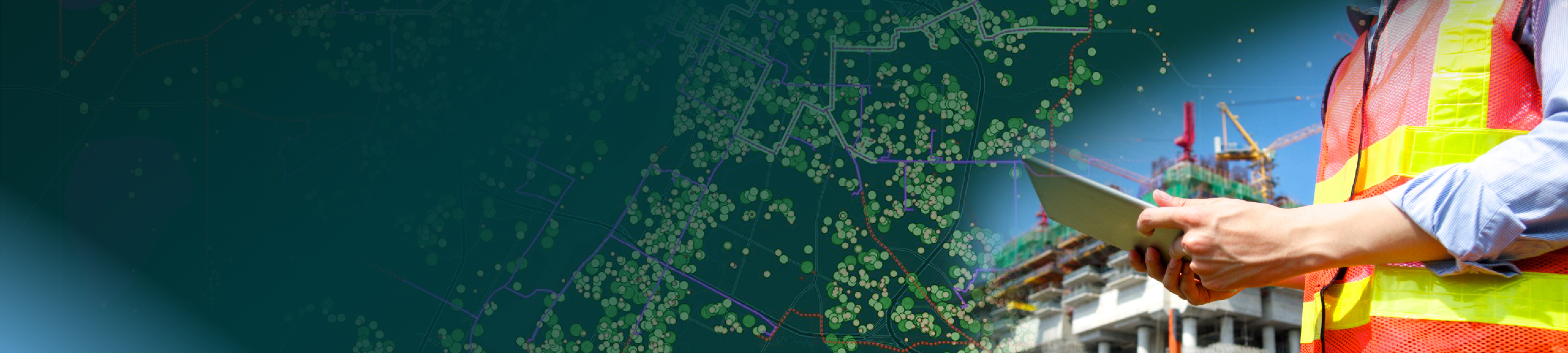 Mobile worker standing outdoors and holding a mobile device with suggestion of data being collected