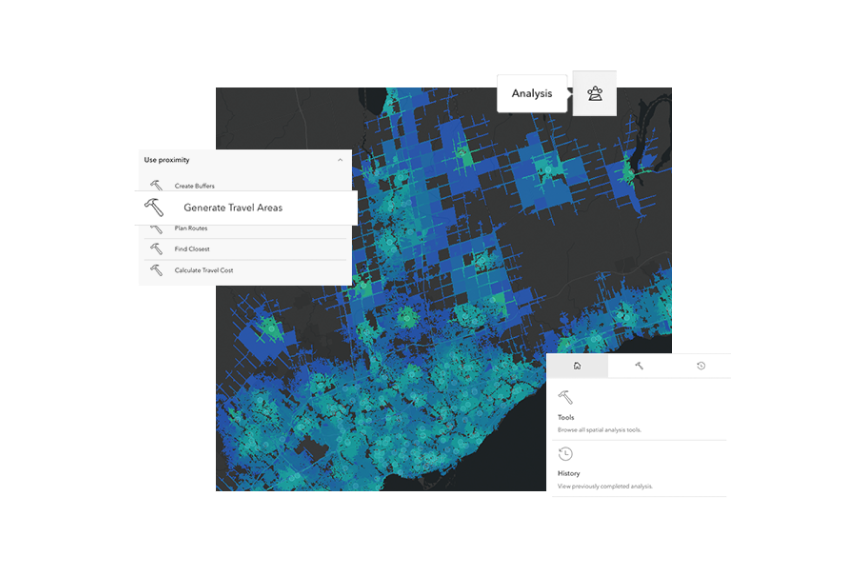 Image of a map with analysis tools in ArcGIS Online Map Viewer 