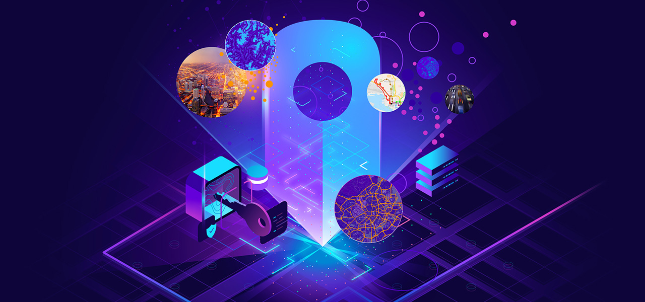 A purple graphic of a grid with a large light blue location pin icon marking it, surrounded by various maps enclosed in circles as well as 3D designs of IT security items such as a lock and key, an online shield icon, and a data bank