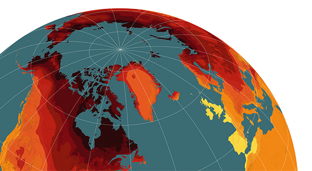 A digital model of the Earth with continents in different shades of red on a white background