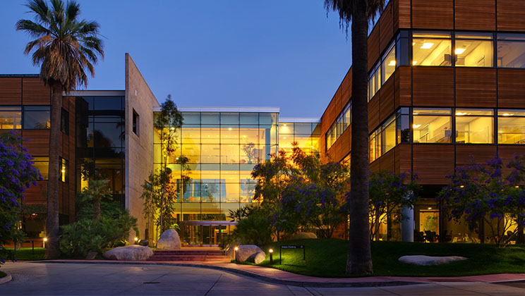 The main entrance of Esri headquarters in the evening