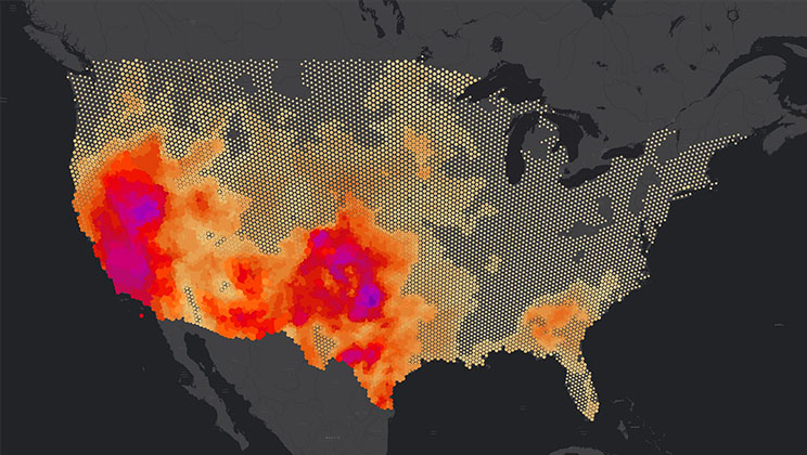 A map of the contiguous US with areas highlighted in the west and south to indicate droughts