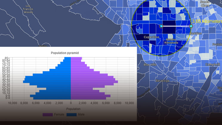 A blue-scale map of Cupertino, California, overlaid with a bar graph