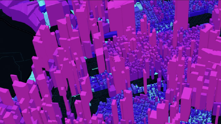 3D model of a skyscraper-filled city in hot pink, purple, and blue