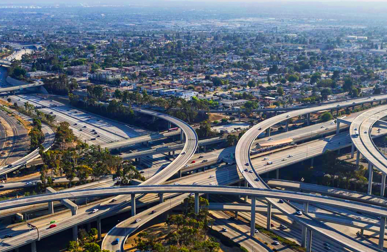 Intersecting highways with multiple overpasses in downtown Los Angeles, California