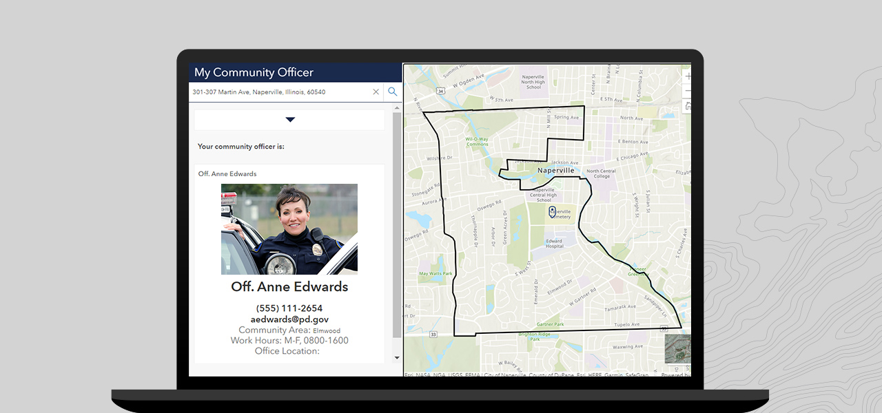 A laptop displaying a map of Naperville, Illinois with an area outlined in black and dialog box that shows information for the officer that patrols that area