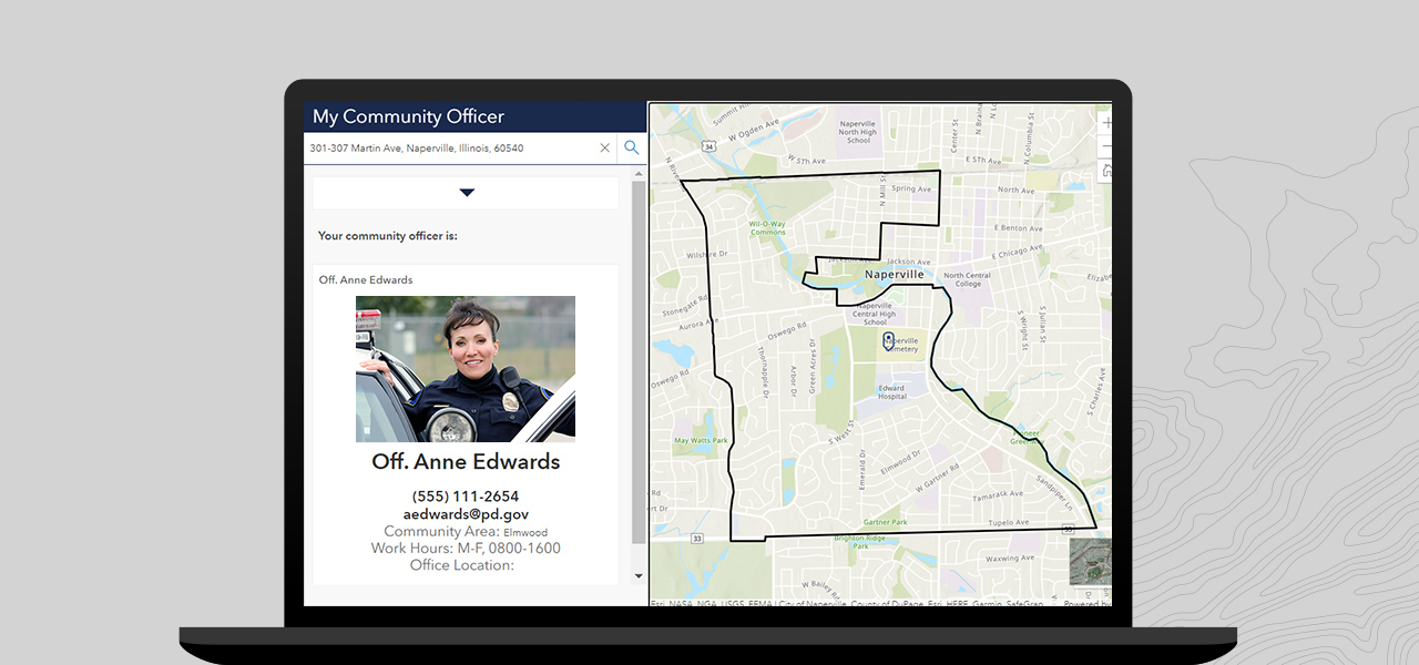 Ordinateur portable affichant une carte de Naperville (Illinois), avec une zone présentant un contour noir et une boîte de dialogue affichant des informations pour l’agent de police qui patrouille à l’endroit