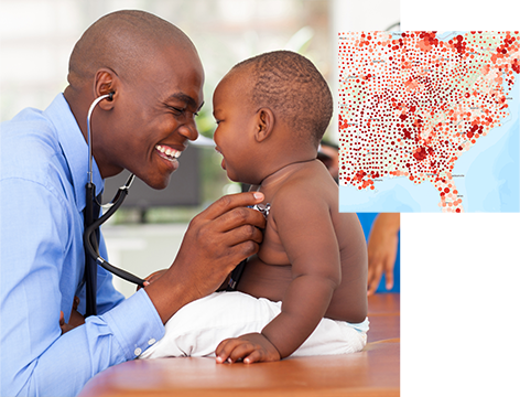 A doctor happily listening to the heartbeat of an infant with a map showing density with red dots in the foreground
